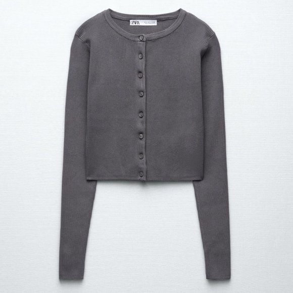 Zara Sweaters - High Quality Zara Grey Ribbed Button-Up Cropped Cardigan